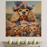 Mother Cocker Spaniel and Three Puppies in Patriotic Vests and USA Top Hats on Ready to Hang 1.5" Thick Canvas Wrap, Floating Framed Canvas, Flat Rolled Canvas